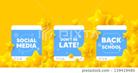 Dont be late social media post. Back to school template. Dont be late tag. Special offer price sign. Advertising discounts symbol. Like, comment and share icons. Vector 139419480