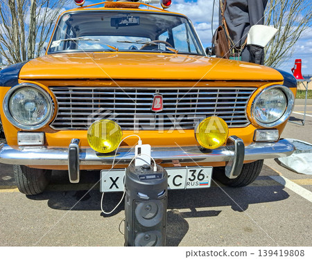 VORONEZH, Russia - April 25, 2026.Soviet police car VAZ at Russian retro event with Militia markings and yellow fog lights 139419808
