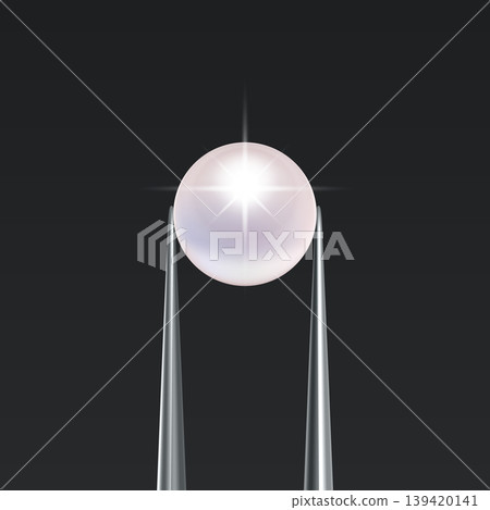 Vector Jewelry Tweezers Holding Pearl Bead on Black Background. Luxury Pearl Jewelry Banner, Elegant Pear Template for Jewelry Store, Fashion Accessory, Gemstone Design, Precious Stone Decoration 139420141