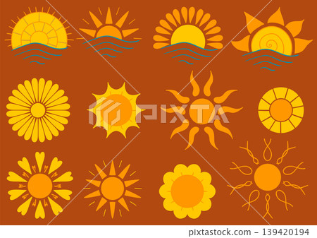 Set of bright sun icons. Perfect for weather apps, summer themes Set of bright sun icons. Perfect for weather apps, summer themes 139420194