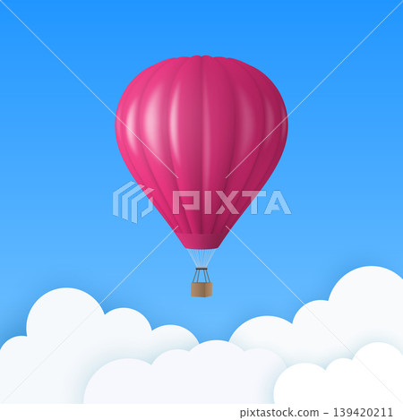 Vector Travel Banner with 3d Realistic Pink Hot Air Balloon Icon on a Blue Sky Background. Design Template, Summer Vacation, Travelling, Tourism and Journey Concept Vector Travel Banner with 3d Realistic Pink Hot Air Balloon Icon on a Blue Sky Background. Design Template, Summer Vacation, Travelling, Tourism and Journey Concept 139420211