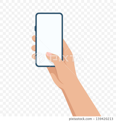 Hand Holding Smartphone with Finger Touching Screen, Vector Illustration. Mobile Phone UI Gesture. Touchscreen Interaction Concept. App Interface Blank Display. Click Tap Swipe Action 139420213