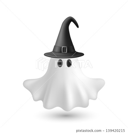 Vector 3d White Ghost with Black Witch Hat, Isolated. Cute Simple White Ghost Vector Illustration. Halloween Ghost Character with Wizard Hat and Floating Sheet. Design Template for Halloween Vector 3d White Ghost with Black Witch Hat, Isolated. Cute Simple White Ghost Vector Illustration. Halloween Ghost Character with Wizard Hat and Floating Sheet. Design Template for Halloween 139420215