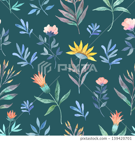 Seamless pattern with wild cute elegant abstract flowers. Watercolor hand-drawn illustration Seamless pattern with wild cute elegant abstract flowers. Watercolor hand-drawn illustration 139420701