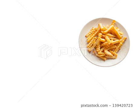 Plate of fries fastfood unhealthy food isolated on transparent background illustrates obesity, diet, weight loss and nutrition control, showing junk meal temptation for slimming choices. 139420723