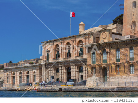 Historic stone buildings and fortifications on Valletta waterfront Malta 139421153