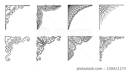 Black line vector delicate openwork corner set. Monochrome outline royal angle sign collection, refined feminine edge border isolated symbols, various linear cliparts Black line vector delicate openwork corner set. Monochrome outline royal angle sign collection, refined feminine edge border isolated symbols, various linear cliparts 139421173