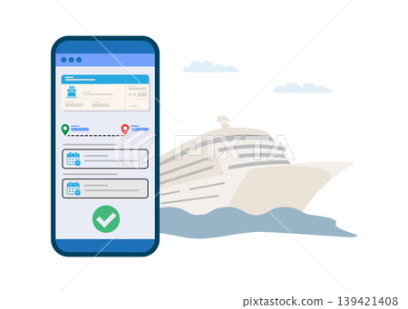 Online booking for cruise ship travel on mobile app stock illustration. Online booking for cruise ship travel on mobile app stock illustration. 139421408
