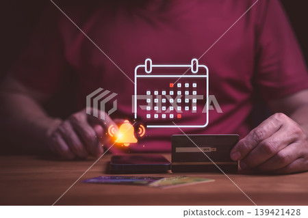 Manage credit card payment with mobile online banking. Calendar reminder and notification for bill deadline, financial planning, and debt management. 139421428