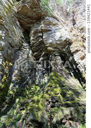 A small waterfall in a vertical composition, flowing down a moss-covered rock face. A small waterfall in a vertical composition, flowing down a moss-covered rock face. 139421441