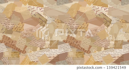 Vintage overlapping paper scraps with handwriting collage seamless vector pattern, Aged torn washi tape with cursive text distressed scrapbook background Vintage overlapping paper scraps with handwriting collage seamless vector pattern, Aged torn washi tape with cursive text distressed scrapbook background 139421549