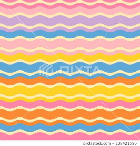 Retro wavy horizontal stripe seamless vector pattern in warm colors, Colorful wave 70s hippie summer background for beach textiles and cute kids fabric design Retro wavy horizontal stripe seamless vector pattern in warm colors, Colorful wave 70s hippie summer background for beach textiles and cute kids fabric design 139421550