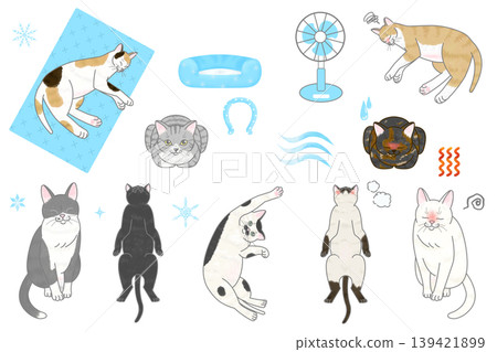 Illustration set for preventing heatstroke in cats: A contrast between a cool cat and a hot cat, featuring cooling products. Illustration set for preventing heatstroke in cats: A contrast between a cool cat and a hot cat, featuring cooling products. 139421899