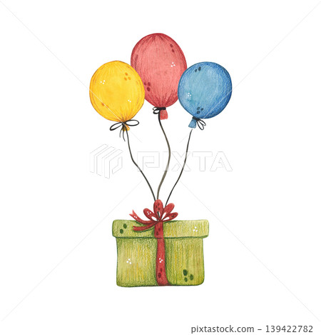 Green gift box with red ribbon and balloons. Holiday card, poster. Hand-drawn watercolor illustration, cartoon. Holiday, party, invitation, bright, celebration, fun, happiness Green gift box with red ribbon and balloons. Holiday card, poster. Hand-drawn watercolor illustration, cartoon. Holiday, party, invitation, bright, celebration, fun, happiness 139422782