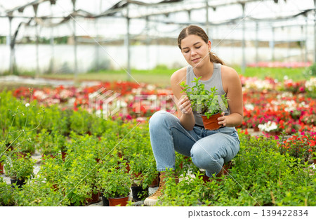 Young woman holding a pot of mint in a greenhouse Young woman holding a pot of mint in a greenhouse 139422834