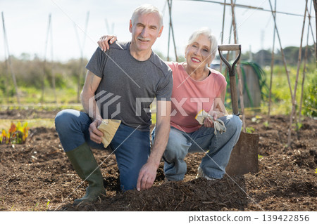 Elderly couple planting seeds in farm field 139422856