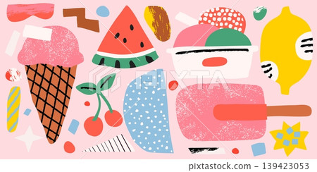 Summer fruits and ice cream collage cute naive art illustration 139423053
