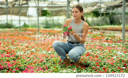 Girl chooses beautiful fresh flowers of the Balsaminaceae genus for her home Girl chooses beautiful fresh flowers of the Balsaminaceae genus for her home 139423172