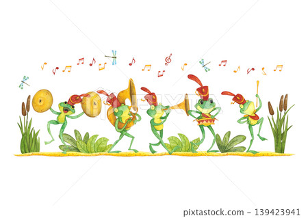 Festive composition featuring a parade of frogs playing musical instruments. Hand-drawn watercolor illustration, cartoon. Animal, card, invitation, reeds, sand, sheet music, garland, music, orchestra 139423941