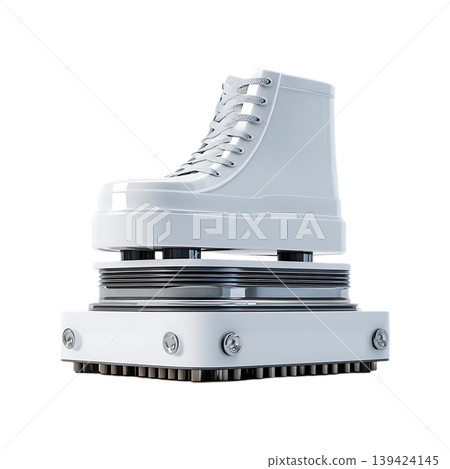 Glossy white hightop sneaker sculpture on futuristic base on transparent background Glossy white hightop sneaker sculpture on futuristic base on transparent background 139424145