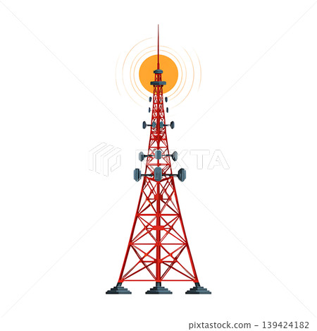 Red Communication Tower with Antenna Radiating Signal on transparent background 139424182
