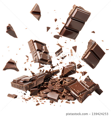 Dark Chocolate Bar Pieces and Crumbs Flying on transparent background 139424253