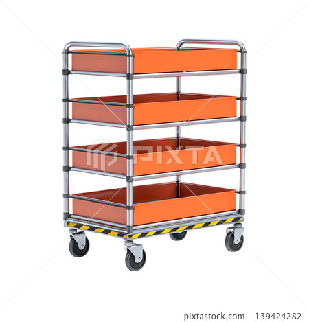 Orange fourtray industrial cart on wheels on transparent background Orange fourtray industrial cart on wheels on transparent background 139424282