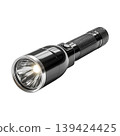 Lit metal flashlight with textured handle on transparent background 139424425