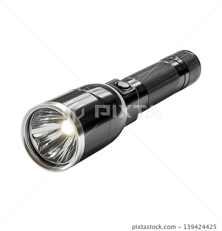 Lit metal flashlight with textured handle on transparent background Lit metal flashlight with textured handle on transparent background 139424425