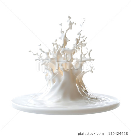 Milk splash with droplets on a circular base on transparent background Milk splash with droplets on a circular base on transparent background 139424428