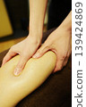 An oil treatment at a salon where pressure is applied to a woman's calf to loosen it. 139424869