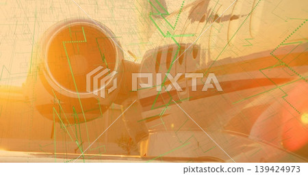 Displaying jet engine intake and engine nacelle with wing glowing at runway, with digital overlay Displaying jet engine intake and engine nacelle with wing glowing at runway, with digital overlay 139424973