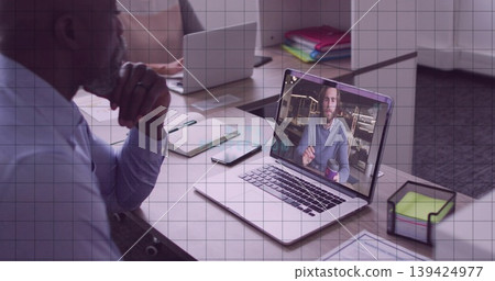 Leaning man focusing on laptop displaying remote call at office meeting with folders, copy space Leaning man focusing on laptop displaying remote call at office meeting with folders, copy space 139424977