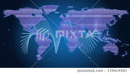 Displaying digital world map over blue gradient showing lit pixel clusters, blue dotted arrays Displaying digital world map over blue gradient showing lit pixel clusters, blue dotted arrays 139424985