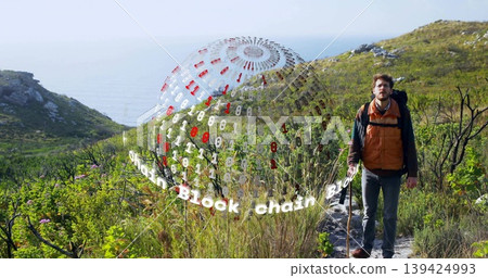 Hiking man in orange vest navigating coastal trail with backpack and hologram sphere, copy space Hiking man in orange vest navigating coastal trail with backpack and hologram sphere, copy space 139424993