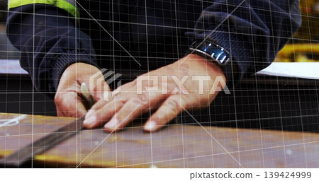 Marking carpenter hands using pencil ruler drawing line on plank at shop bench wearing wristwatch Marking carpenter hands using pencil ruler drawing line on plank at shop bench wearing wristwatch 139424999