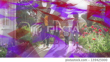 Walking family of four carrying backpacks, tote bag on brick garden path, with red poppy flowers Walking family of four carrying backpacks, tote bag on brick garden path, with red poppy flowers 139425000