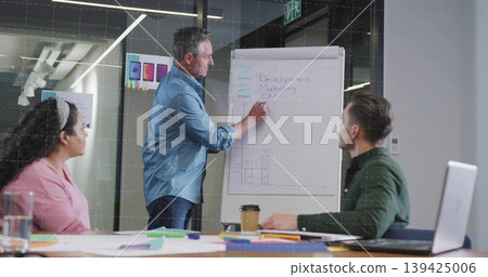 Writing presenter in blue shirt at flip chart in office conference room, with laptop sticky notes Writing presenter in blue shirt at flip chart in office conference room, with laptop sticky notes 139425006