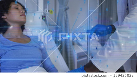 Holding patient hand doctor wearing coat gloves reviewing digital overlay in hospital, copy space 139425022