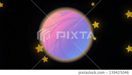 Floating pastel gradient sphere swirling pink and blue in cosmic void, with glowing golden stars Floating pastel gradient sphere swirling pink and blue in cosmic void, with glowing golden stars 139425046