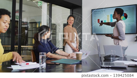 Four businesswomen discussing online sales charts on screen in meeting room, with laptop and charts Four businesswomen discussing online sales charts on screen in meeting room, with laptop and charts 139425084