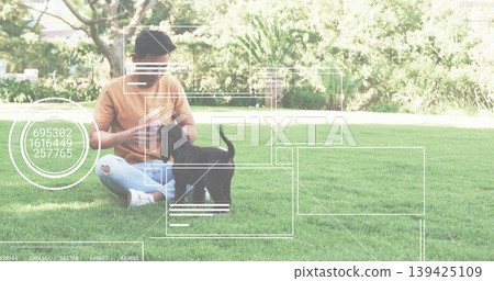 Playing with purple ball, black puppy, Asian man in orange shirt sitting on grass in park Playing with purple ball, black puppy, Asian man in orange shirt sitting on grass in park 139425109