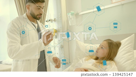 Doctor checking child patient vitals with stethoscope in hospital room, with floating medical icons Doctor checking child patient vitals with stethoscope in hospital room, with floating medical icons 139425147