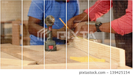 Sanding wood with sander, carpenter in red cap and safety glasses at workshop, binary code overlay Sanding wood with sander, carpenter in red cap and safety glasses at workshop, binary code overlay 139425154