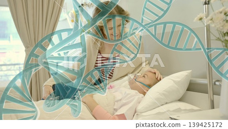 Cradling mother holding girl's head with oxygen mask on hospital bed, revealing DNA helix graphics Cradling mother holding girl's head with oxygen mask on hospital bed, revealing DNA helix graphics 139425172