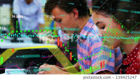 Coding teenage students using laptops at classroom desks, with semi transparent data chart overlays Coding teenage students using laptops at classroom desks, with semi transparent data chart overlays 139425247