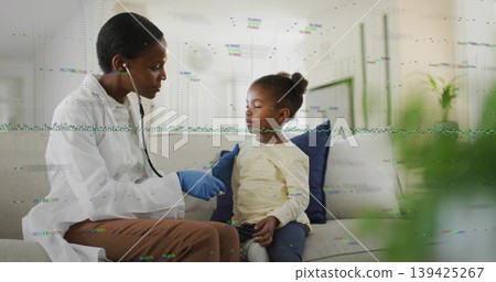 Doctor kneeling on sofa at home while child holding device, listening with stethoscope and gloves Doctor kneeling on sofa at home while child holding device, listening with stethoscope and gloves 139425267