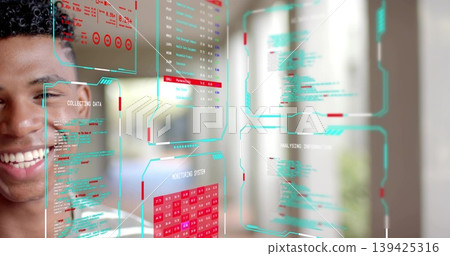 Interacting male in grey tee viewing holographic data panels and digital charts in lab, copy space Interacting male in grey tee viewing holographic data panels and digital charts in lab, copy space 139425316