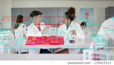 Students wearing lab coats, goggles, handling test tube and flask in chem lab, with AR panels Students wearing lab coats, goggles, handling test tube and flask in chem lab, with AR panels 139425321