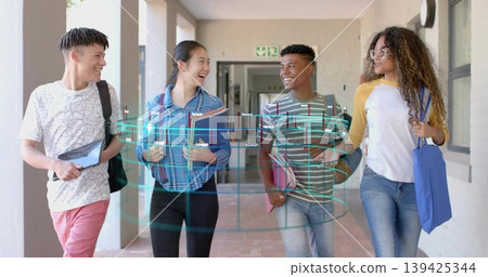 Walking four teenage students holding tablet through school corridor, with holographic data overlay Walking four teenage students holding tablet through school corridor, with holographic data overlay 139425344